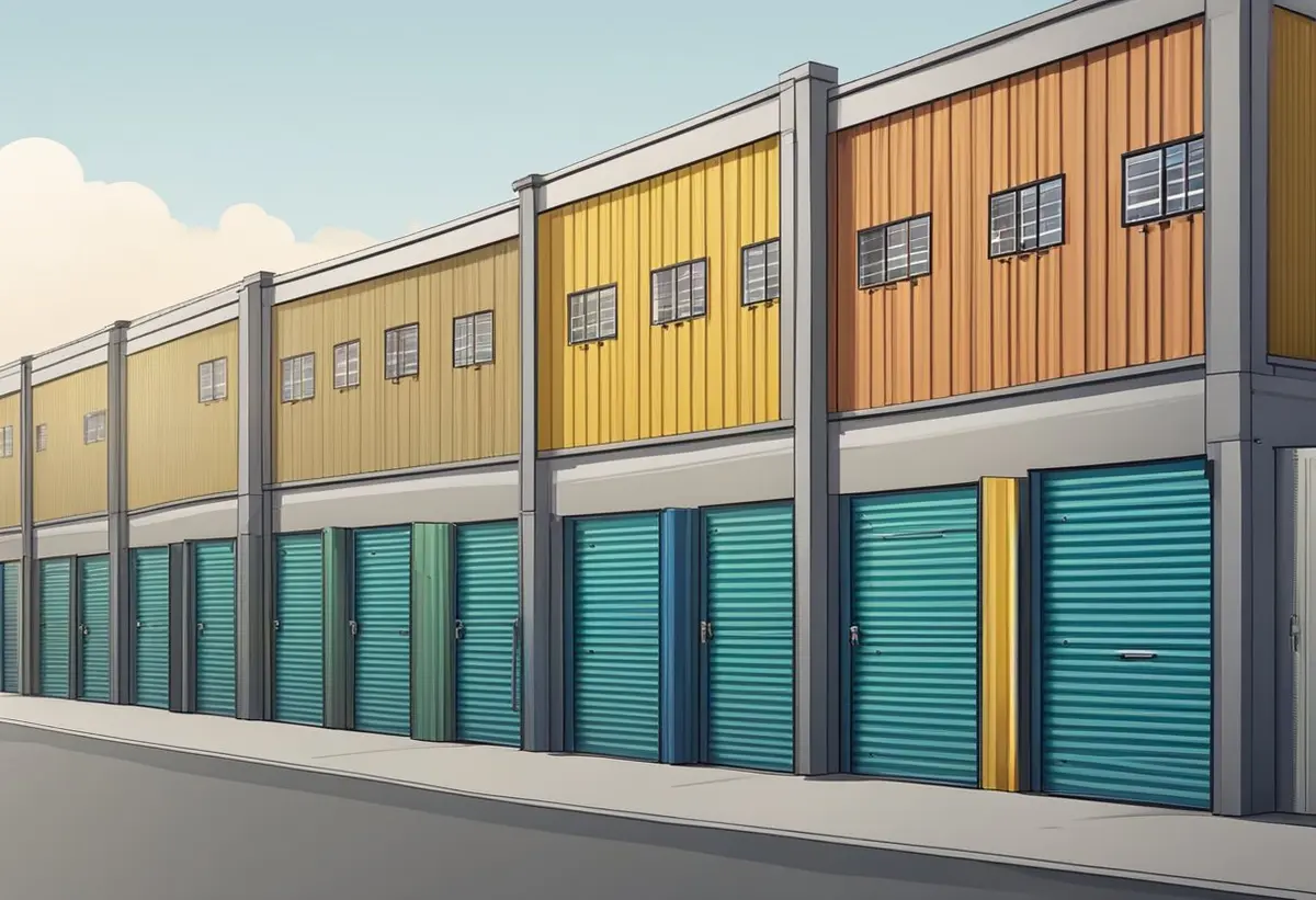 A row of self storage units with various sizes and colors, surrounded by a fence and accessed through a security gate