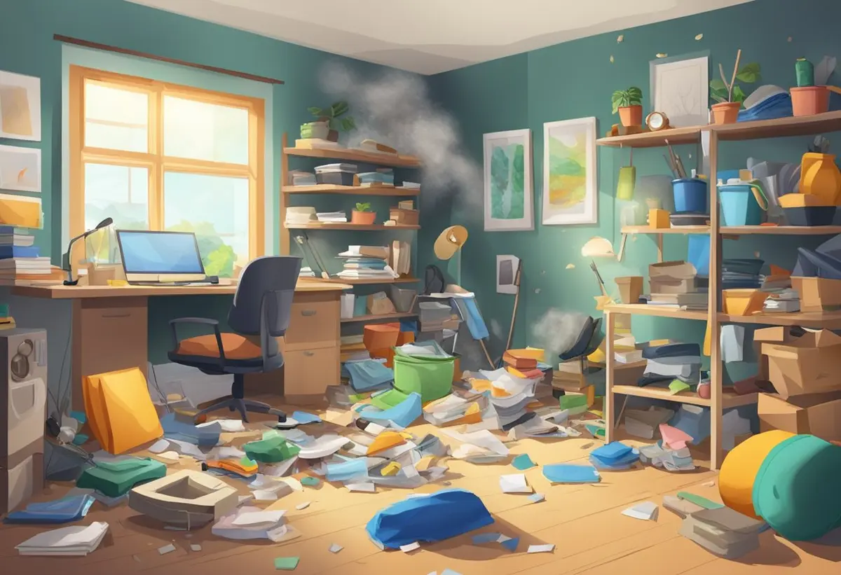 A cluttered room with scattered items and dust accumulating in the corners, showing the need for tidying up